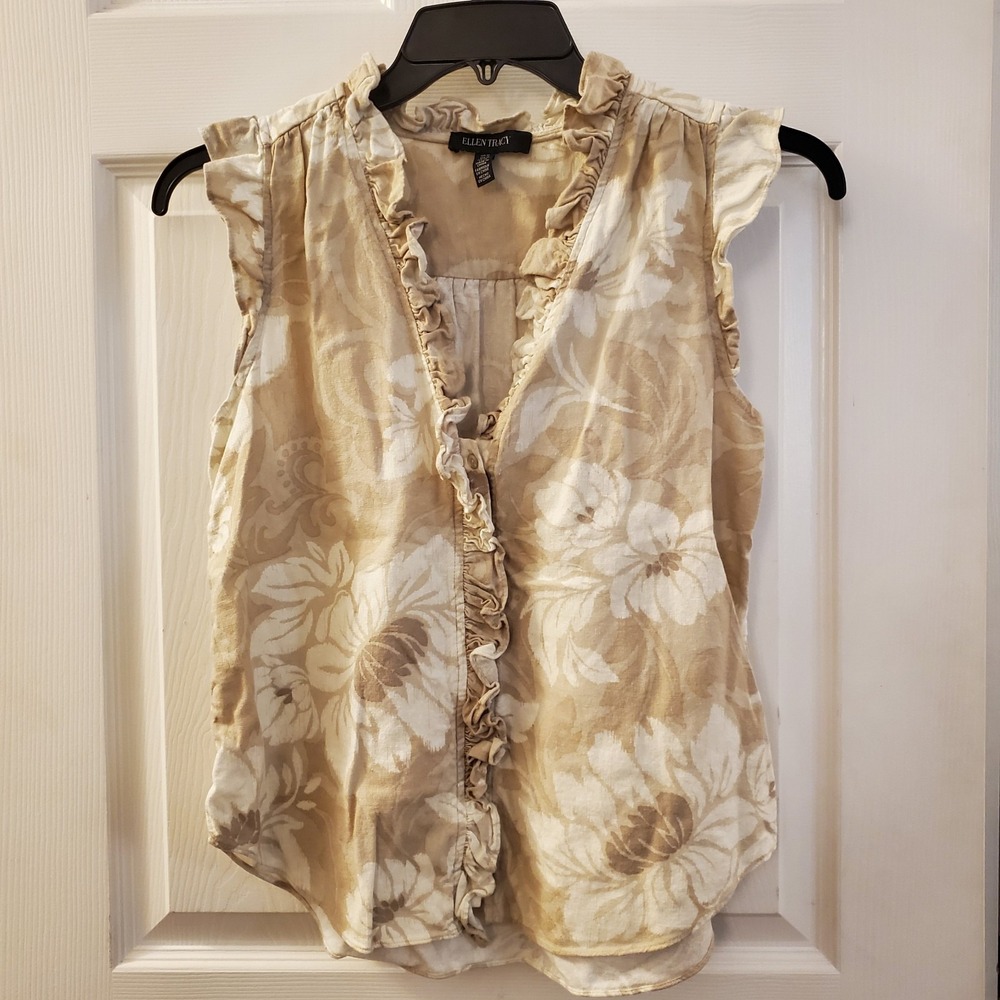 Ellen Tracy sz M linen blnd button up ruffle shirt floral tropical summer casual